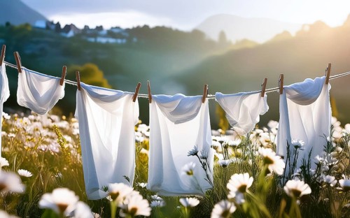 Clothesline with clean white laundry to dry on a flower meadow, AI generated, AI generated