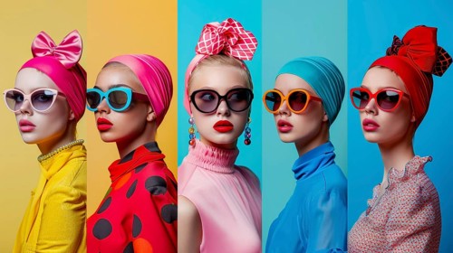 Five models with bright outfits and retro sunglasses in colorful setting