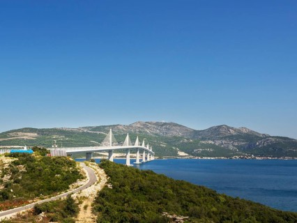 Peljesac Bridge, Croatia. Image of beautiful modern multi-span cable-stayed Peljesac Bridge over
