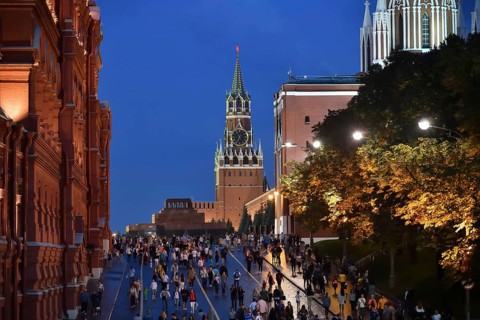 Moscow, Russia, September 22. 2018. view on the Spasskaya Tower of the Kremlin and the mausoleum,