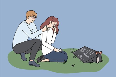 Depressed couple cry at cat gravestone at cemetery. Unwell stressed man and woman owners mourn