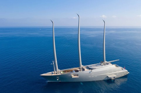 Aerial view 143 metre long three-master Sailing Yacht A, the largest sailing yacht in the world,