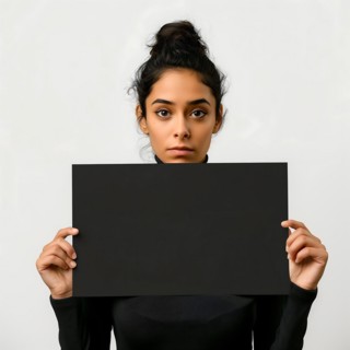 Young woman with a sceptical look, dark pinned-up hairdo, holding up a notice board, advertisement,