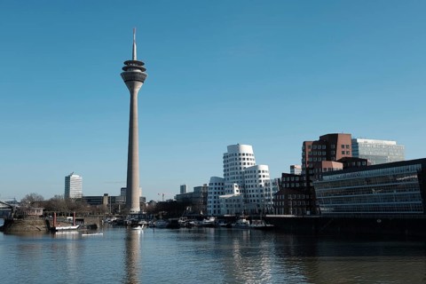 Panorama of the Media Harbour with Rhine Tower, Düsseldorf, Germany, Europe