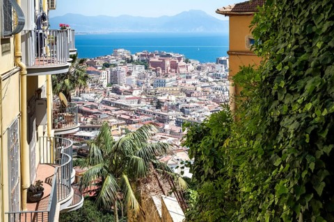 Italy, Gulf of Naples. Naples, view from the hill, district Vomero over the city towards Vesuvius,