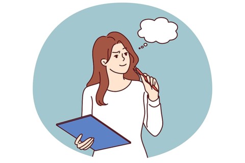 Pensive girl with clipboard makes plan for year or checklist for going to grocery store. Young girl