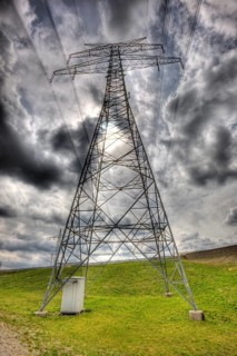 Cloudy sky and electricity pylon, Germany, BRD, Munich, Bavaria, Europe