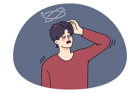 Unhappy sick man feel unwell suffer from dizziness or blurry vision. Ill guy struggle with health
