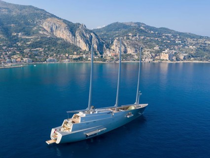 Aerial view 143 metre long three-master Sailing Yacht A, the largest sailing yacht in the world,
