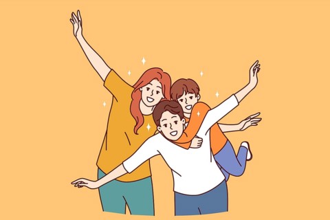 Happy family of mom, dad and child put arms to sides, pretending to be airplanes, and posing for
