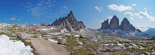 View of the Three Peaks, the Paternkofel and the Dreizinnenhütte, Sesto Dolomites, South Tyrol