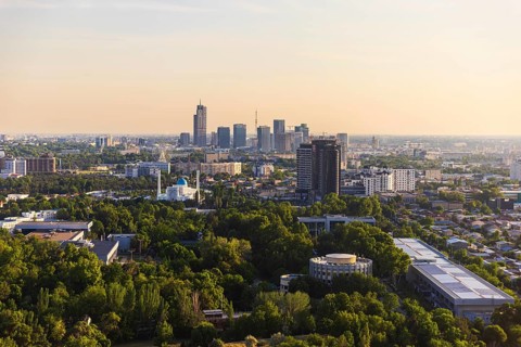 Top view from the observation deck on the Tashkent TV tower to the central part of the city covered