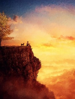 A young man and his faithful dog meet the sunset together as best friends. Beautiful painting with