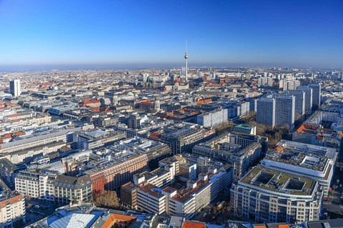 Aerial view, TV tower, Leipziger Straße, Friedrichstraße, Berlin Cathedral, Gendarmenmarkt, Berlin