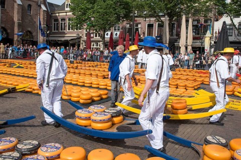 Alkmaar, Netherlands, May 2022. The cheese carriers at the Alkmaar cheese market