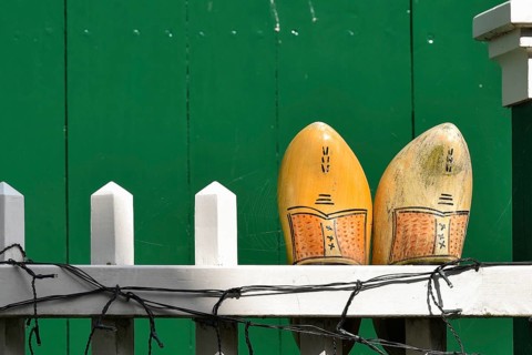 Koog aan de Zaan, Netherlands. July 2022. Old clogs at a farm in Koog aan de Zaan