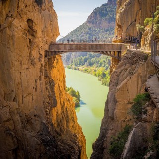 El Chorro, Spain, April 2023: View on the Caminito De Rey bridge, Puente colgante, Europe