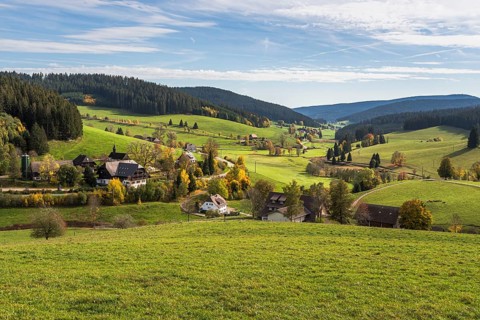 View of the autumnal Jostal valley in the Black Forest near Titisee-Neustadt, Baden-Württemberg,