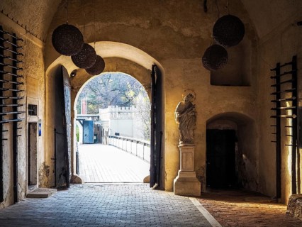 Entrance over wooden bridge to castle of Forchtenstein in Burgenland