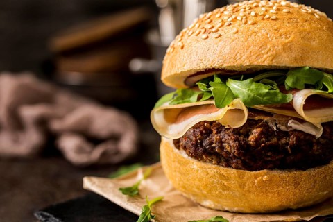 Close up burger with bacon