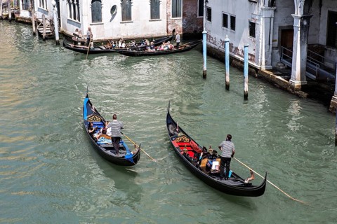 Tourists and gondolas in Venice, Venice, Italy, Europe