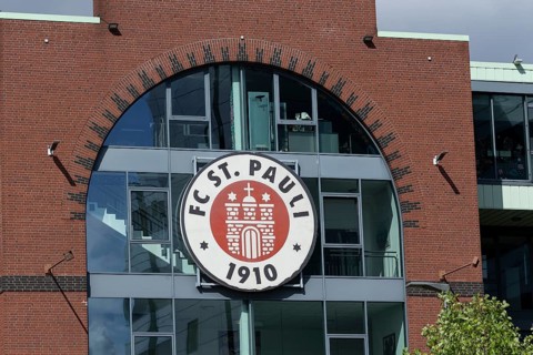 FC St. Pauli coat of arms at the office in the Millerntorstadion at Heiligengeistfeld in Hamburg,