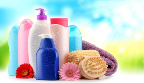 Plastic bottles of body care and beauty products