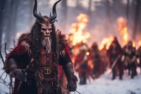 Fictitious Krampus figures, fantasy character, Perchtenlauf, Krampus run, Krampus mask, horns,