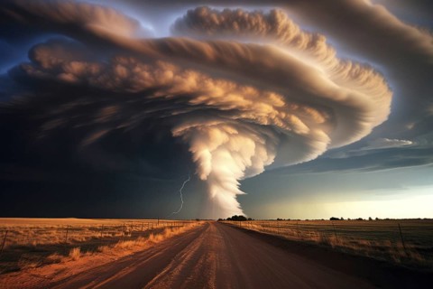 A huge tornado in the sky, road in front, natural disaster, severe weather, climate change, AI