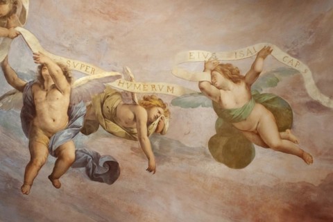 Angels, cherubs, putti as a ceiling fresco in a chapel on the Sacro Monte di Varese, Varese, Italy,