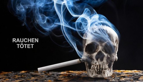 AI generated, A skull and a burning cigarette, Smoking kills