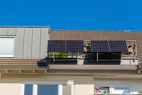 Balcony power station on a balcony of an attic flat in Düsseldorf, Germany, Europe