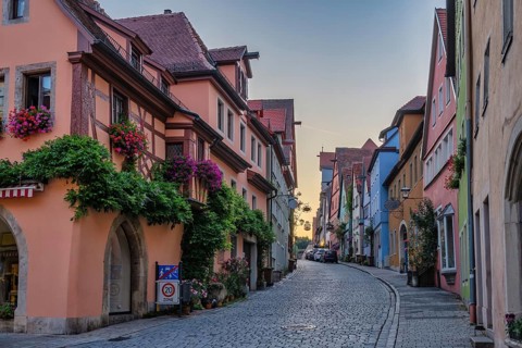 Rothenburg ob der Tauber Germany, sunrise city skyline with colorful house the Town on Romantic