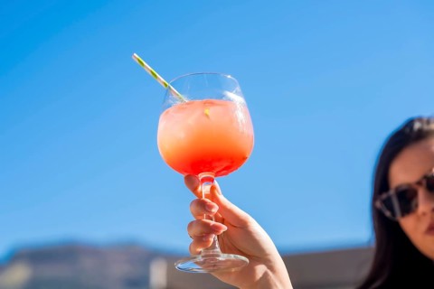 Woman raising a cocktail glass with sex on the beach cocktail in a rooftop