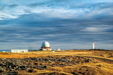 Radar station in Vestrahorn at sunset in a cloudy day, Iceland, Europe