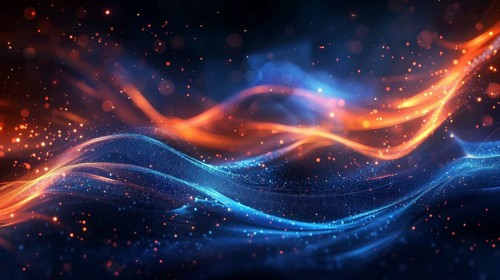 Blue and orange light trails with sparks on a dark background create a dynamic and glowing effect,