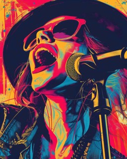 Expressive and vibrant illustration of a rockstar singer passionately performing with a microphone,