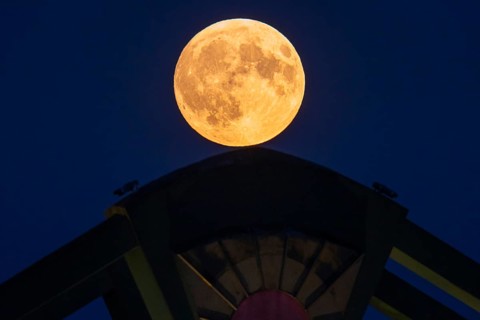 The full moon passes over the Flößerbrücke bridge in Frankfurt am Main. A super moon will shine