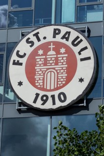 FC St. Pauli coat of arms at the office in the Millerntorstadion at Heiligengeistfeld in Hamburg,
