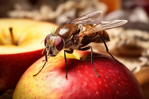 Close-up of a fruit fly, fruit fly, vinegar fly (Drosophila Melanogaster) on apple, AI generated