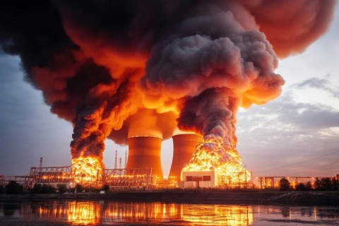 Super GAU, fire catastrophe in a nuclear power plant, rainy clouds of smoke, sea of flames, nuclear