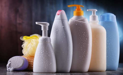 Plastic contaiers of shampoos and shower gels