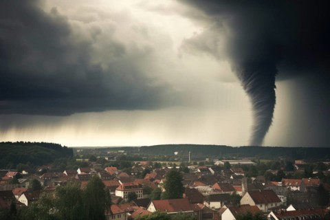 A tornado moves towards a housing estate with great destructive force, tornado, severe weather,