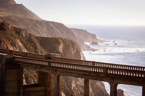 A view of Bixby Bridge out to the Pacific Ocean near Big Sur, California, USA, North America