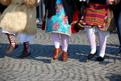 Traditional Hungarian Sokrac dancers in the main square at the Busojaras Spring festival 2010
