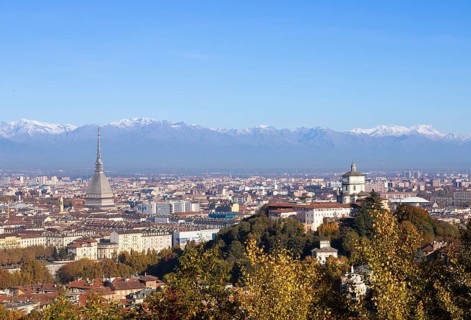 Turin, Italy - Circa November 2021: panorama with Alps and Mole Antonelliana, . Skyline of the