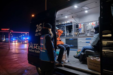 Germany, Berlin, 25 November 2018, cold bus of the Berlin City Mission, homeless people on the bus,