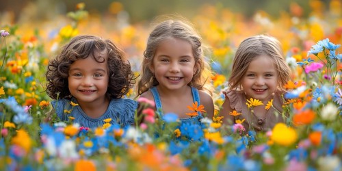 Three girls of different ethnicities run happily and laugh in a field of colourful flowers. AI