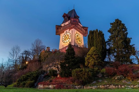 Clock tower on the Schlossberg, blue hour, Graz, Styria, Austria, Europe