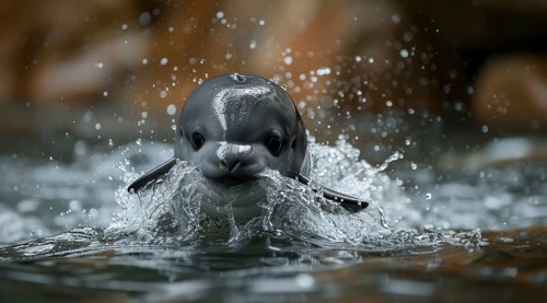 Vaquita porpoise or cochito in motion with water splashing around and drops in the air, ai